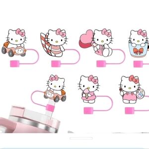 Hello Kitty Themed. Pink Cup Silicone Straw Toppers/Covers. Set if 6. NEW.